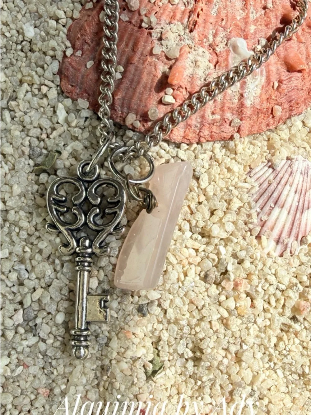 Alquimia Silver Key Necklace with Pale Pink quartz Stone